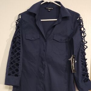 Sharagano Dark Blue Button Down with Lattice Sleeves - NWT